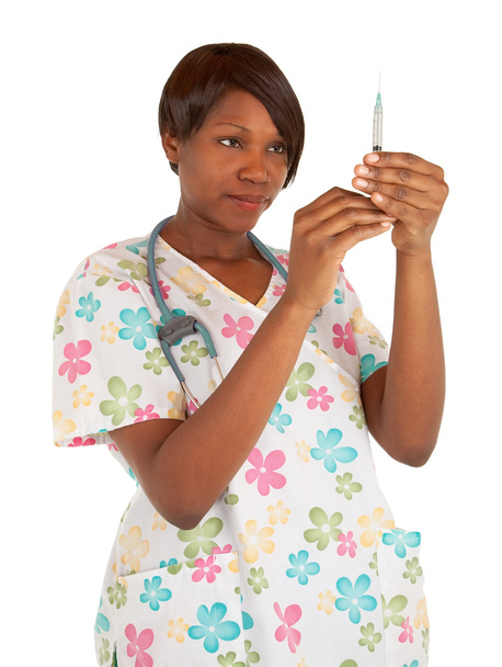African American Nurse Checking Posologie en seringue
 - Photo, image