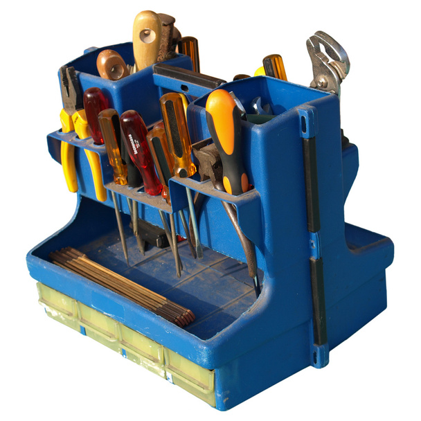 Werkzeugkiste mit Werkzeugen und industriellen Stahlbeschlägen Schrauben, Muttern, s - Foto, Bild