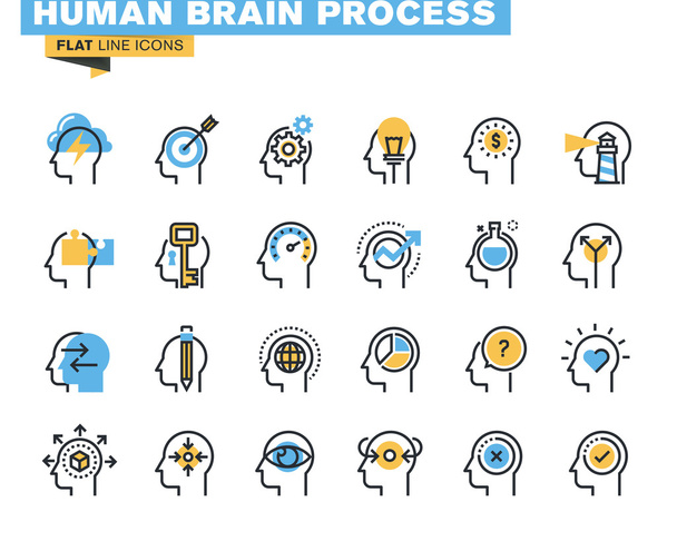 Rovná čára ikony sada proces lidského mozku, mozek myšlení, emoce, duševní zdraví, tvůrčí proces, obchodní řešení, charakter zkušenosti, učení, strategii a rozvoj, příležitosti. - Vektor, obrázek