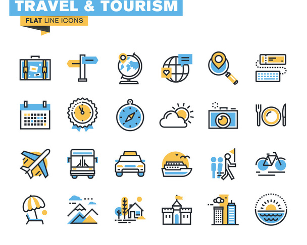 Düz çizgi Icons set seyahat ve Turizm işareti ve nesne, tatil gezisi, online seyahat hizmetleri, Tur organizasyonu, cruise, yaz ve kış tatil, şehir seyahatleri hava seyahat. - Vektör, Görsel