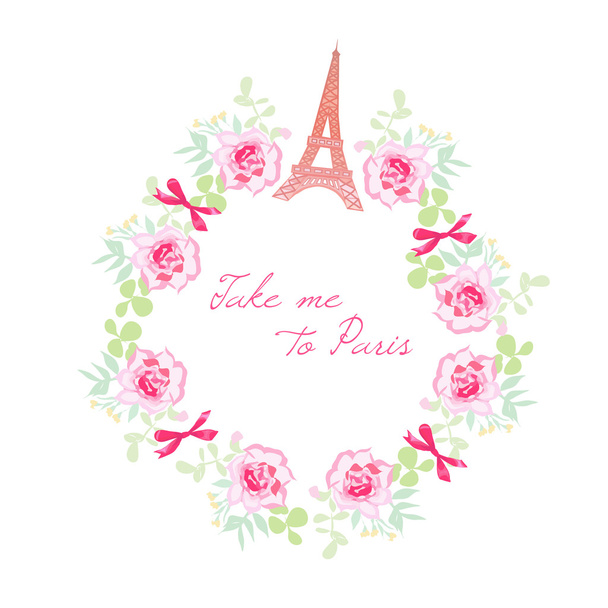 Romantic Paris vector design frame. Rose bunches, bows, Eiffel t - Vector, Image