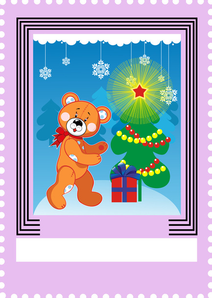 Postage stamp with bear toy - Vector, Image