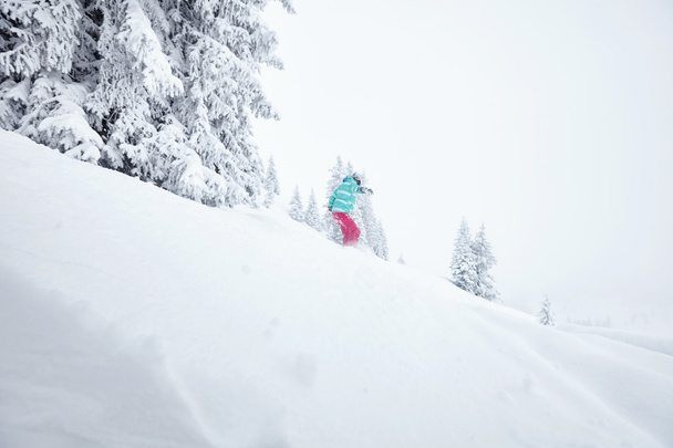 Girl in backcountry snowboarding - Fotoğraf, Görsel
