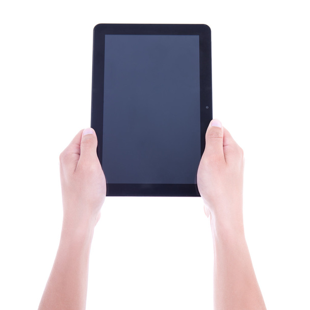 gros plan du tablet pc avec écran blanc en mains mâle o isolés - Photo, image