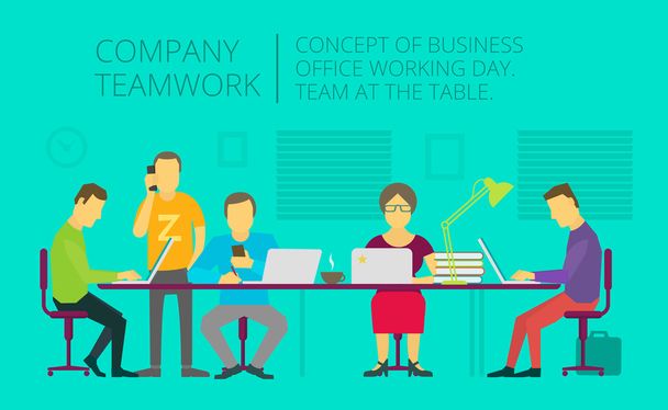 People team sitting and working together at the table. Teamwork, brainstorming, startup. Flat vector illustration. - Vektor, kép
