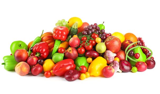 Heap of fresh fruits and vegetables  isolated on white - Photo, Image