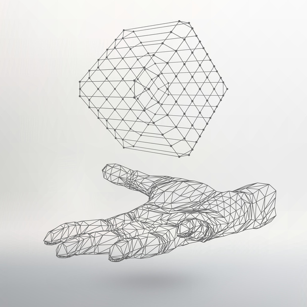 Cube of lines and dots on the arm. The hand holding cube of the lines connected to points. Molecular lattice. The structural grid of polygons. White background. The facility is located on a white - Διάνυσμα, εικόνα