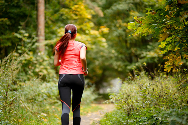 спортивна жінка біжить в лісі
 - Фото, зображення