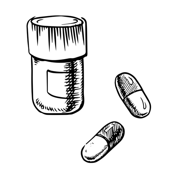 Fles schets met pillen en capsules - Vector, afbeelding