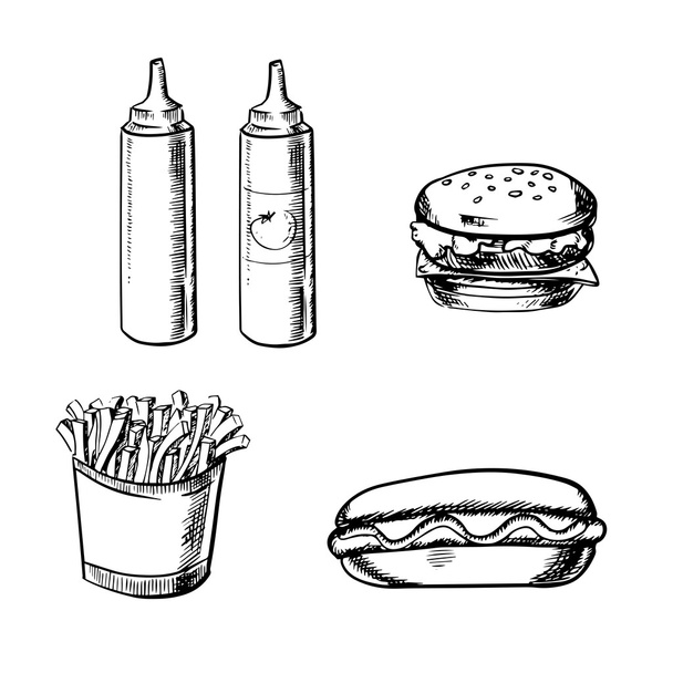 Patates kızartması, hamburger, sosisli sandviç ve çeşni - Vektör, Görsel