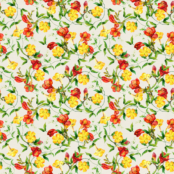 Yellow and red flowers pattern watercolor. Freesia, bindweed - Foto, Imagem