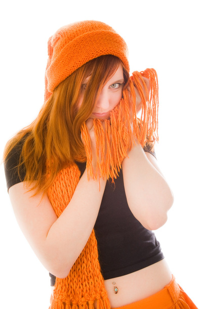 Red haired girl in knit hat - Fotoğraf, Görsel