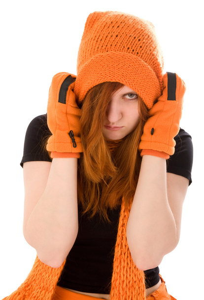 Red haired girl in orange hat - Φωτογραφία, εικόνα