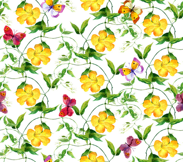 Yellow flower and butterfly. Seamless floral print. Watercolour - Fotó, kép