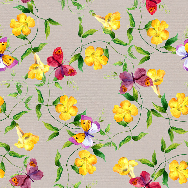 Yellow flower and butterfly. Seamless floral print. Watercolour - Fotó, kép