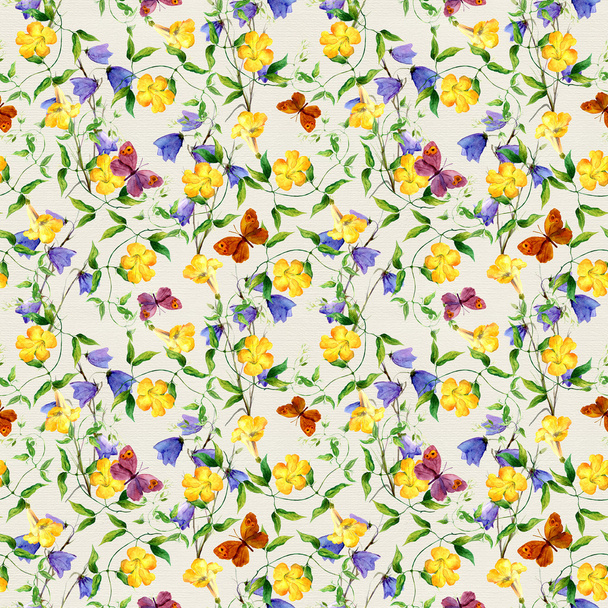 Yellow flower, bluebell, butterflies. Repeating floral pattern - Фото, изображение