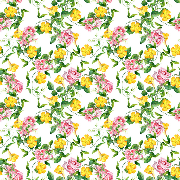 Repeating pattern with yellow flowers and roses, watercolor - Foto, afbeelding