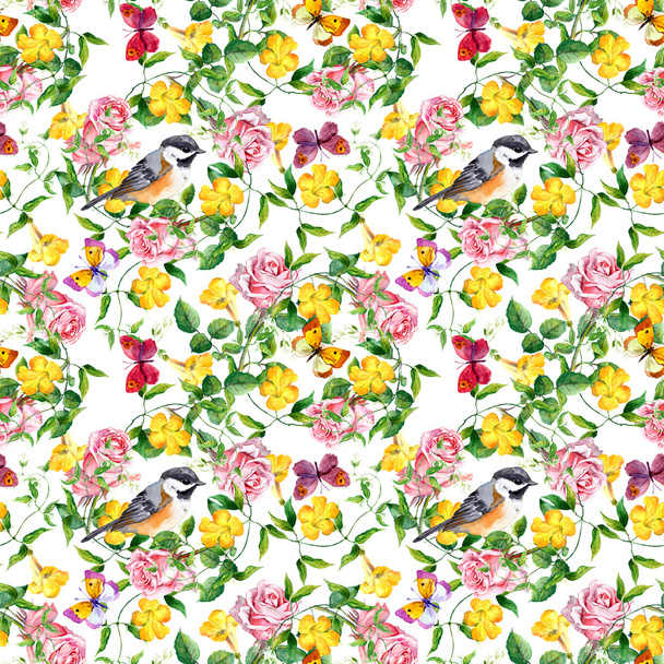Repeating pattern with yellow flower, rose, bird and butterflies - 写真・画像