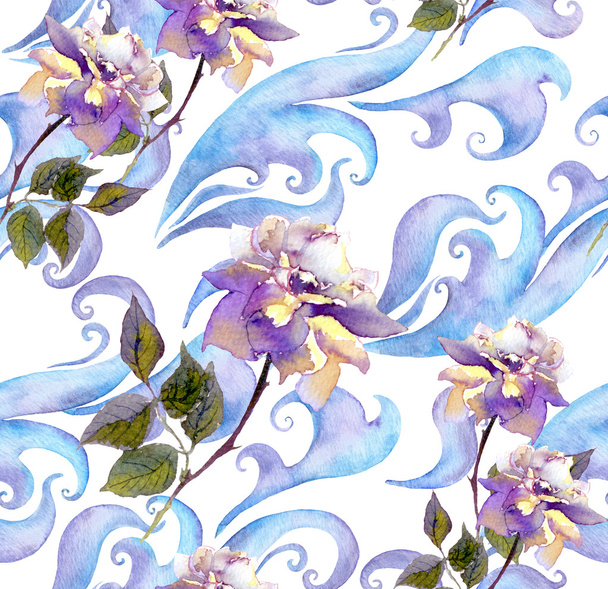 Watercolour design with rose flowers, scrolls and curves - Φωτογραφία, εικόνα
