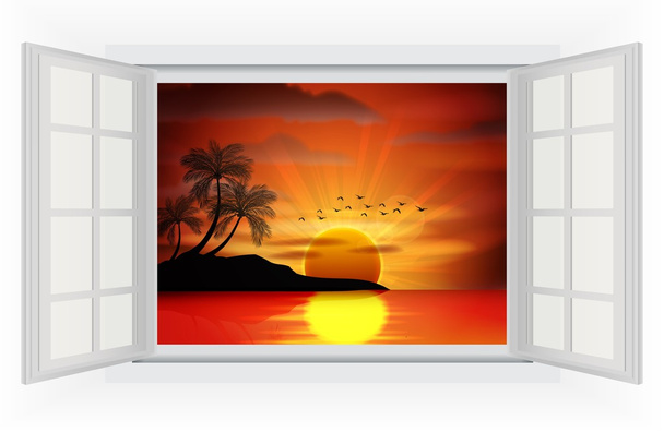 Auringonlaskun avoin ikkuna merellä
 - Vektori, kuva