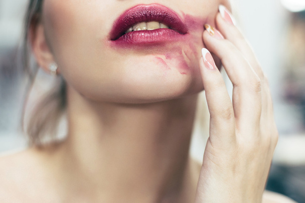 Sexual lips with the smeared lipstick - Fotoğraf, Görsel