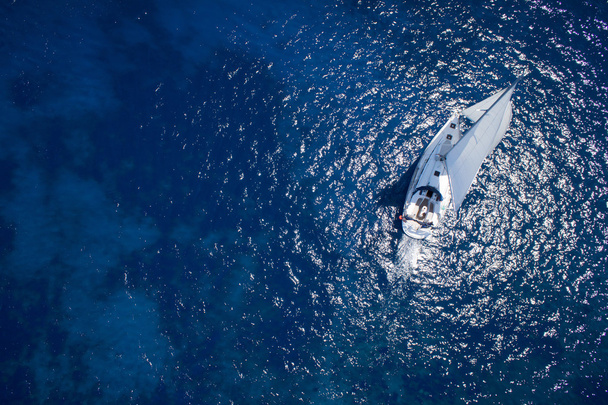 Amazing view to Yacht sailing in open sea at windy day. Drone vi - Photo, Image