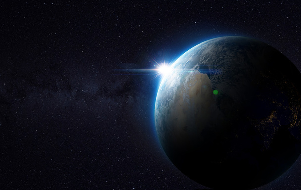 Gündoğumu ile uzaydan Dünya görünümü. Nasa tarafından döşenmiş bu görüntü unsurları - Fotoğraf, Görsel