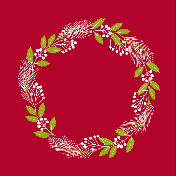 Christmas decorative wreath. Holly flower, ivy, mistletoe, cedar.  Vector illustration. - Vector, Image