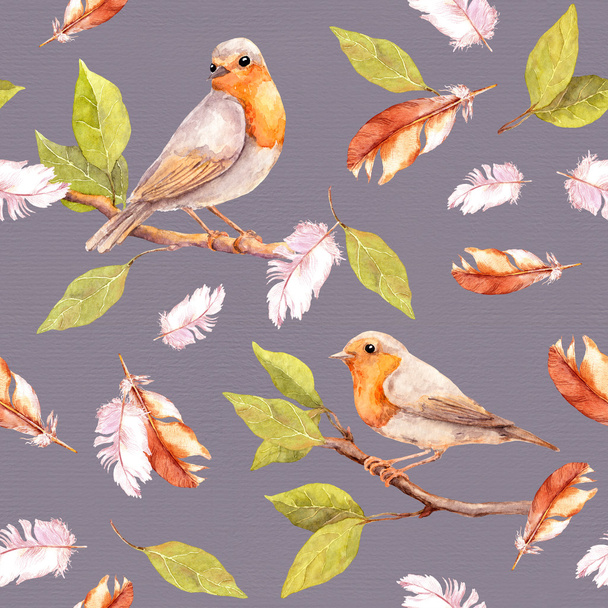 Bird on branch and feathers. Seamless pattern. Watercolor - Photo, image