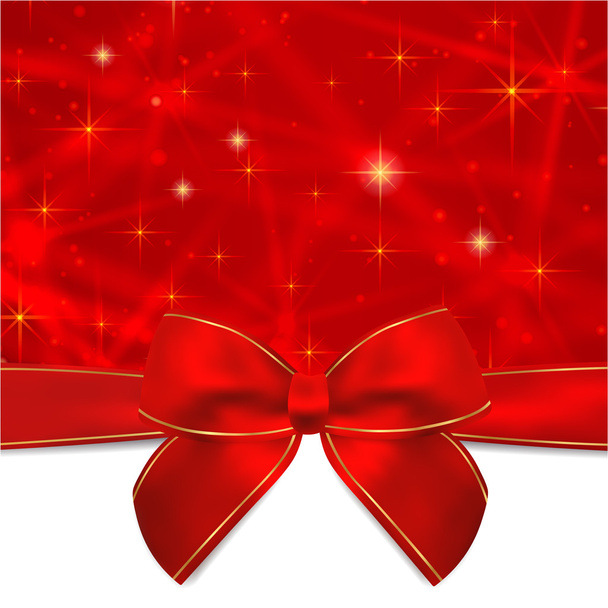 Pohlednice, vánoční přání, přání k narozeninám, dárkové karty (blahopřání) šablona s červenou mašli, stuha (současnost), perlivá, zajiskřilo hvězdy. Oslava pozadí design pro pozvání, nový rok - Vektor, obrázek