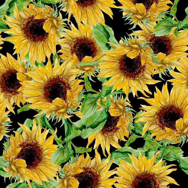 Vzorek s žluté slunečnice namaloval v Akvarel na černém pozadí - Fotografie, Obrázek