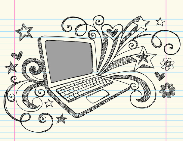 Laptop Computer Sketchy Doodles - Vector, Image