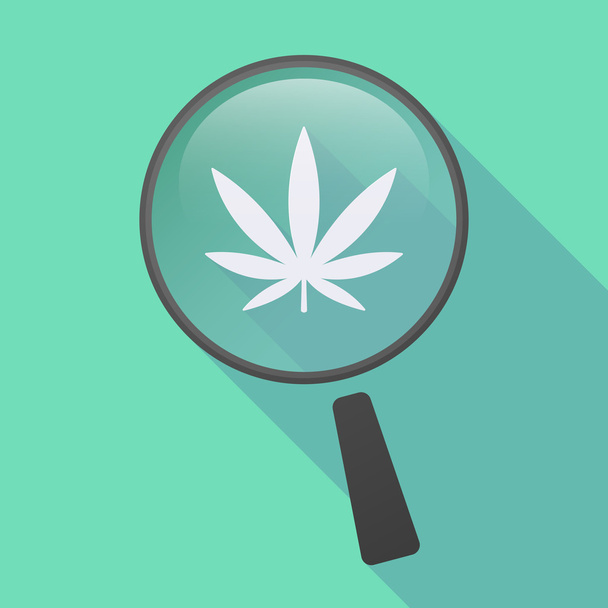 Long shadow magnifier icon with a marijuana leaf - Vector, Image