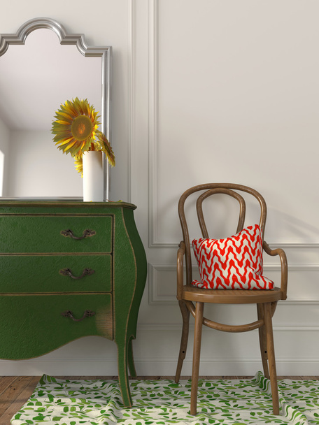 Cadeira de madeira e caixa verde de gavetas
 - Foto, Imagem