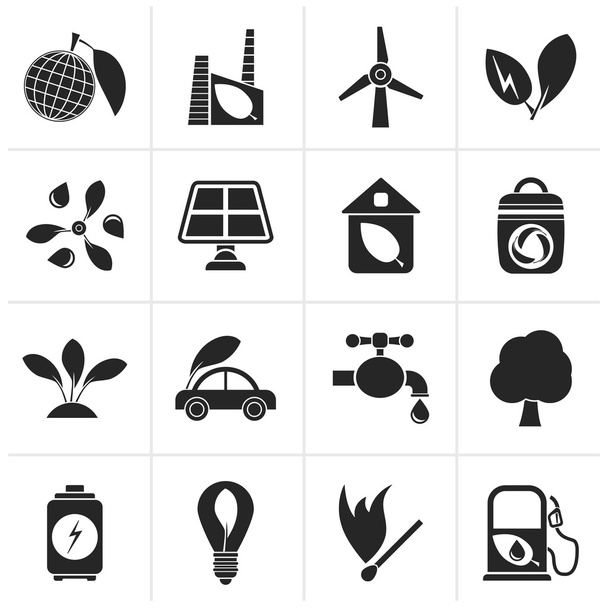 Fekete, zöld, környezetvédelem és ökológia ikonok - Vektor, kép