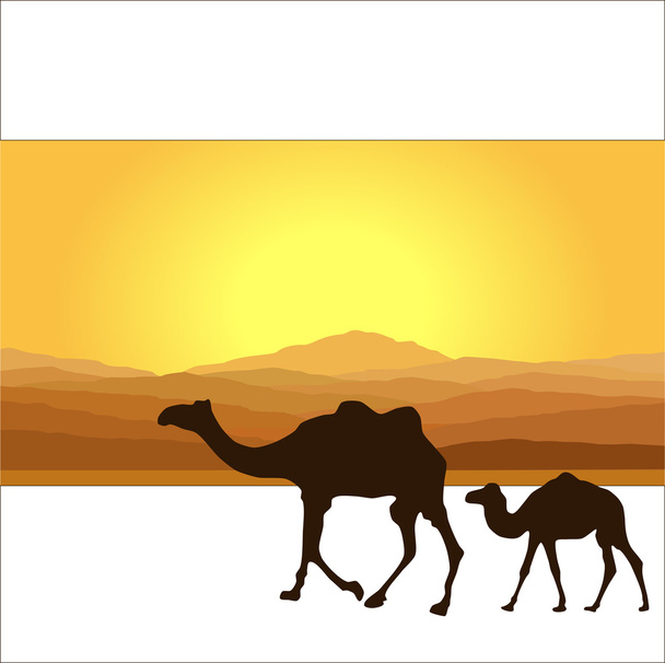 Karawane mit Kamelen in der Wüste mit Bergen im Hintergrund. Vektorillustration - Vektor, Bild