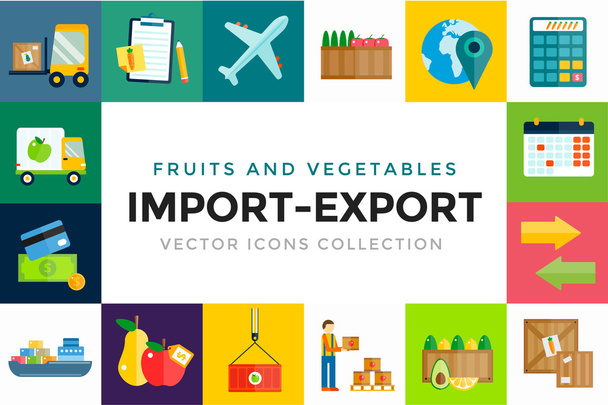 Εισαγωγή εξαγωγή φρούτα και λαχανικά παράδοση φορέα εικονίδια που - Διάνυσμα, εικόνα