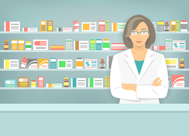 Vlakke stijl vrouw apotheker bij apotheek tegenovergestelde planken van geneesmiddelen - Vector, afbeelding