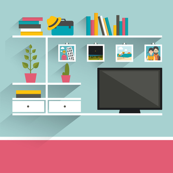 Living room with television and book shelves. Flat design vector illustration. - Vector, Image