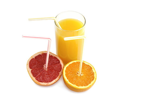 Glass of orange juice with slices of fresh orange and grapefruit on white. - Photo, Image