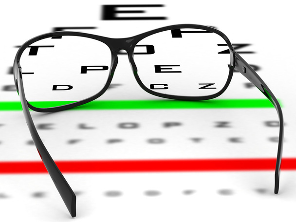 Near vision test card with glasses illustration. Eye examination tests, ophthalmologist (medical doctor) concept. - 写真・画像