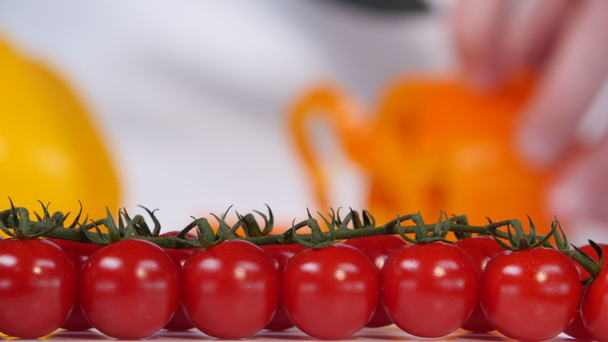 Wiśniowe pomidory na tle żółte papryki słodkiej - Materiał filmowy, wideo