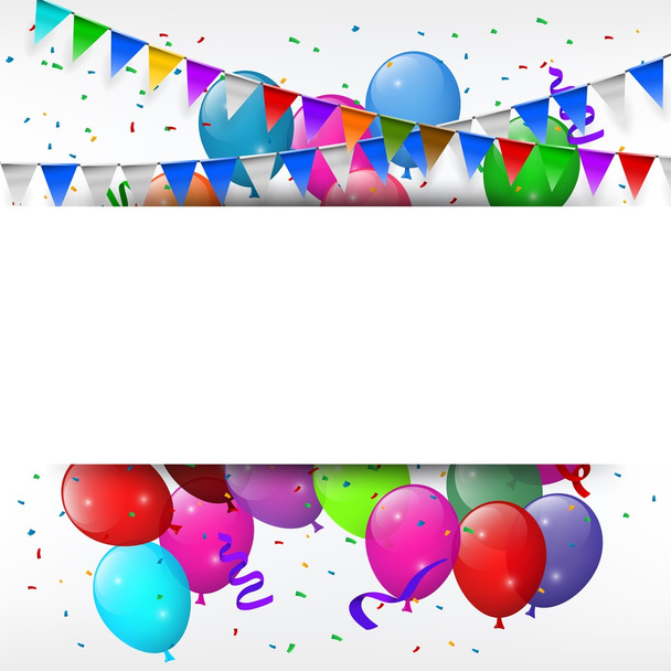 Ευχετήρια κάρτα με πολύχρωμα μπαλόνια και σημαίες τρίγωνο - Διάνυσμα, εικόνα