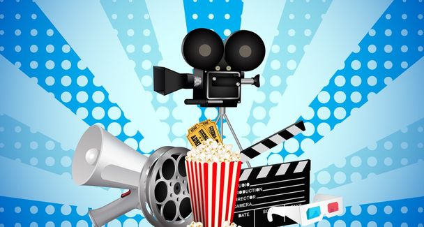 cinematograph in cinema films and popcorn - Vector, Image