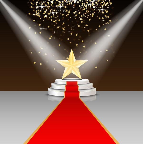 レッド カーペットと茶色の背景に星とステージ表彰台 - ベクター画像