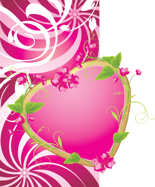 rosa Herz mit Blumen auf dem dekorativen Hintergrund. Valentinskarte - Vektor, Bild