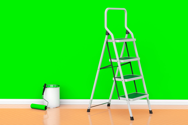 Pintura de paredes em um conceito de cor verde. Tinta lata com rolle
 - Foto, Imagem