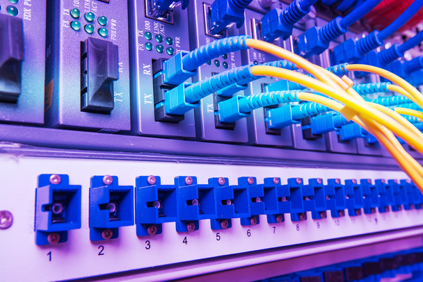 Cables de fibra óptica conectados a puertos ópticos y cable de red
 - Foto, Imagen
