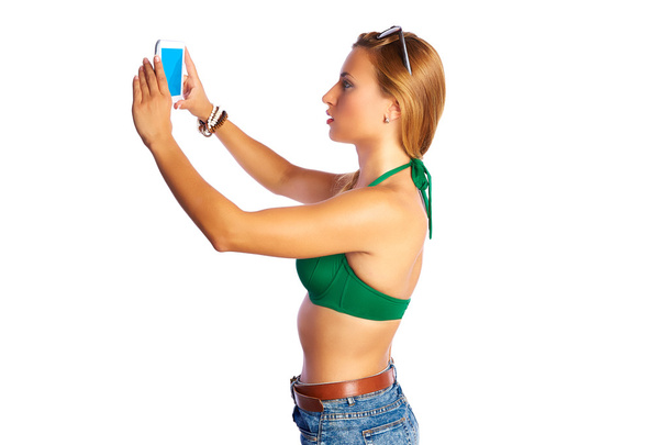 blond short jeans sexy woman selfie tablet photo - Fotografie, Obrázek
