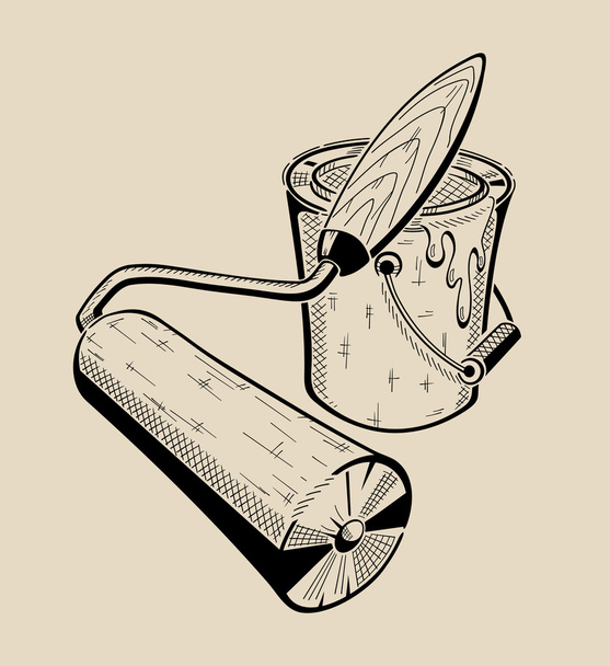 Κυλίνδρου και κουβά με μπογιά - ένα εργαλείο για τη ζωγραφική επίπεδες επιφάνειες. - Διάνυσμα, εικόνα